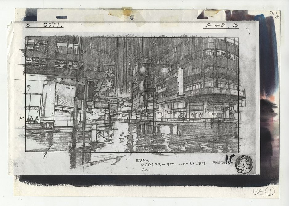 Layout for Ghost in the Shell cut 341 by Atsushi Takeuchi.