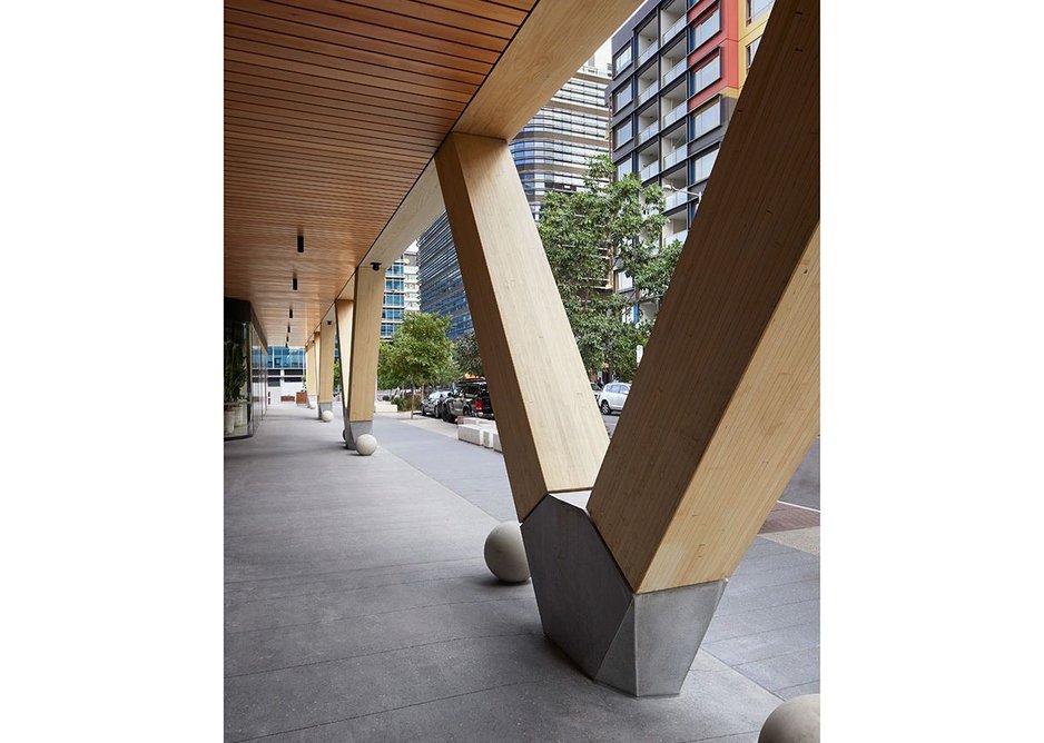 Diagonal members used for cross bracing on Bates Smart’s 25 King timber tower, Brisbane, Australia.