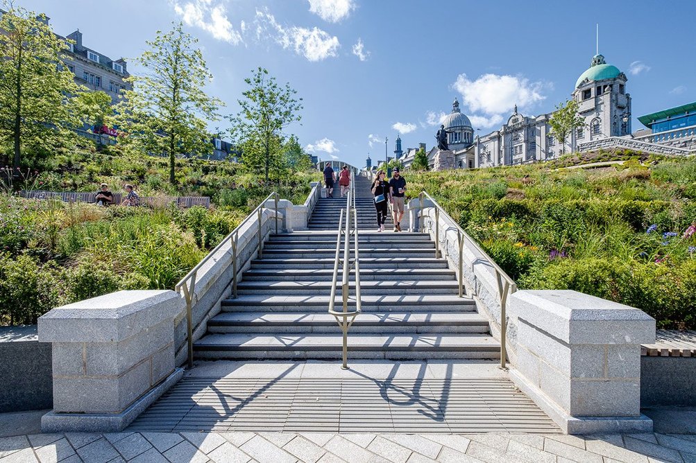 The restored granite steps have been  relaid at a more leisurely incline than previously.