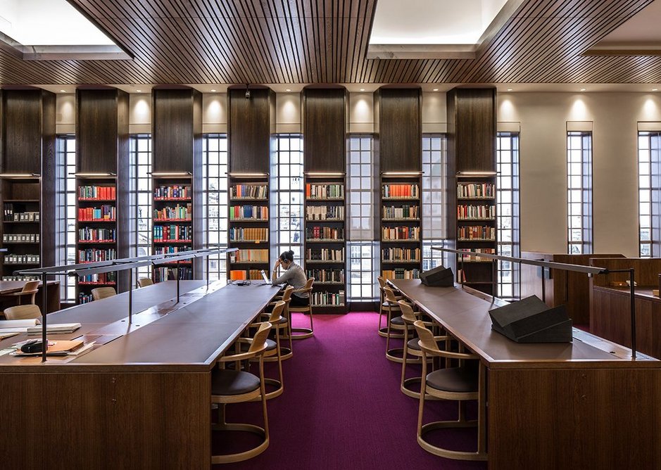 The David reading room, kitted out in stained European oak, picks up on Scott’s original fenestration lines.