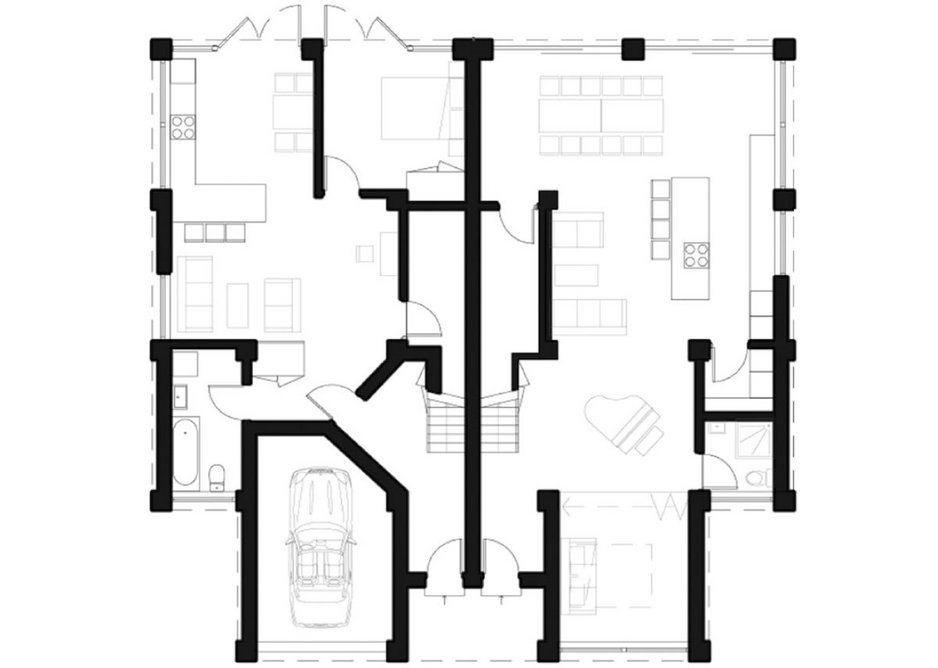 Ground floor plan of an annexe flat adaptation, including a bedroom, bathroom, reception rooms and a garage.