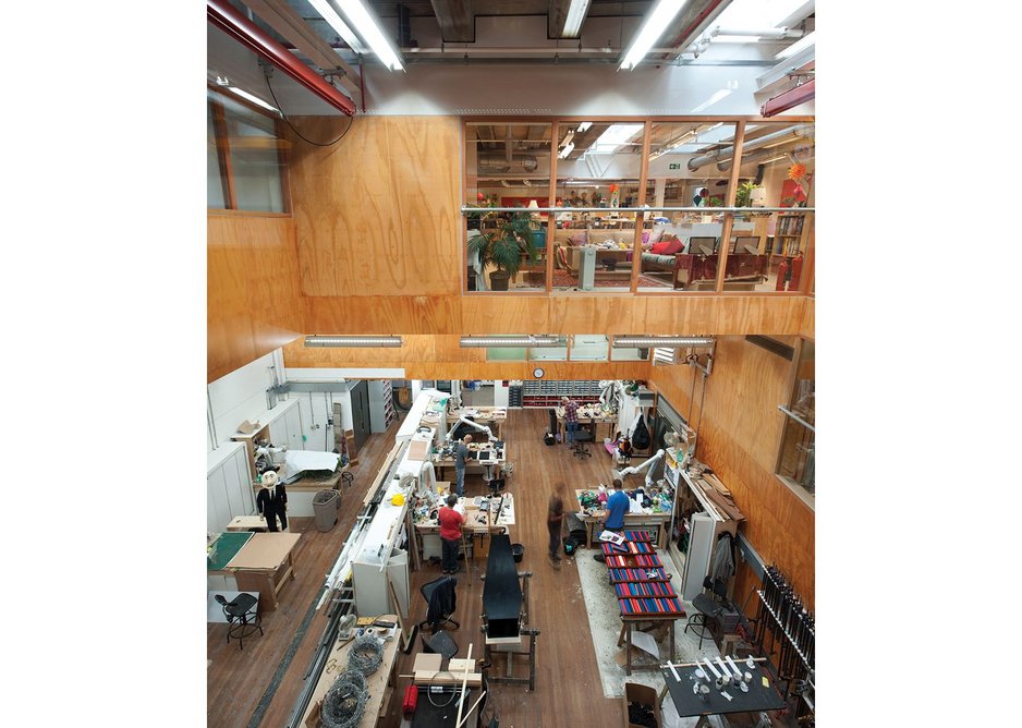 Looking down into the scenery workshop in the Max Rayne Centre.