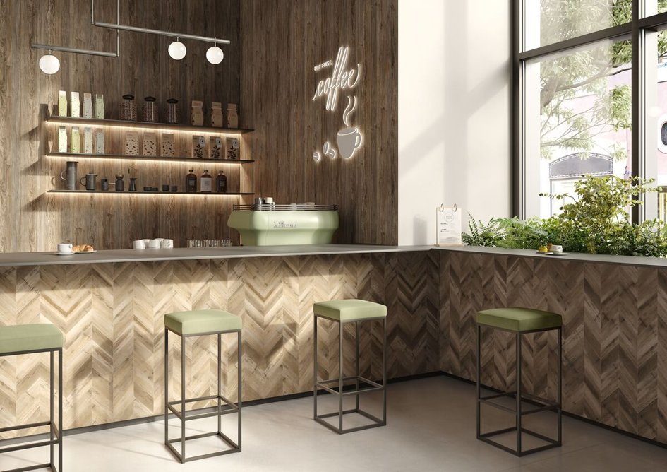 Coffee shop with Polyrey panels BA1A Barrel Chevron and N118 Noyer Appalaches.