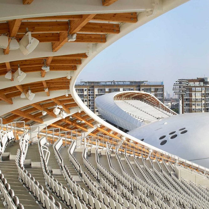 The timber grid shell is clearly visible in the underside of the canopies of the Compton and Edrich Stand at Lord’s, designed by WilkinsonEyre.