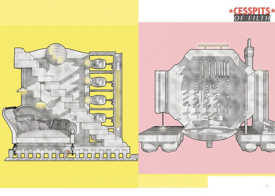 Sketches of the Gemini club experience. Objects include urinal cubicles and pint glasses; sink and industrial fans; stiletto heels and ring road.