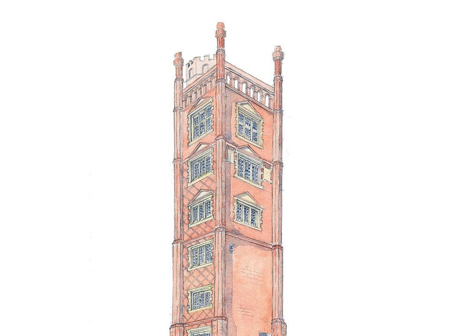 Freston Tower, Suffolk, built in 1578 by Thomas Gooding in anticipation of Elizabeth I sailing past in 1579. Sketch by Rory Fraser.