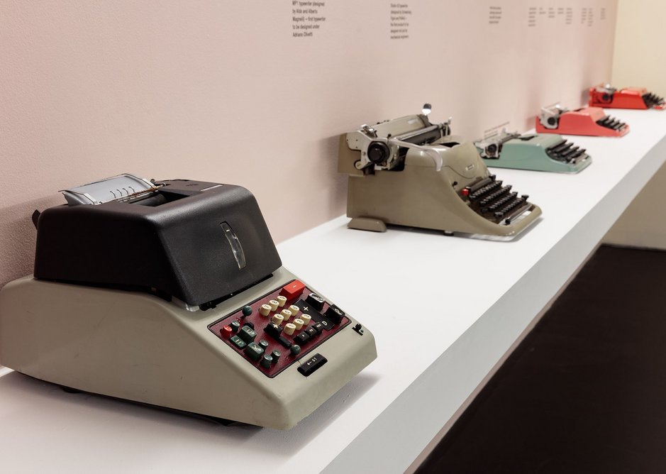 Olivetti products line up in the exhibition Olivetti Beyond Form and Function.