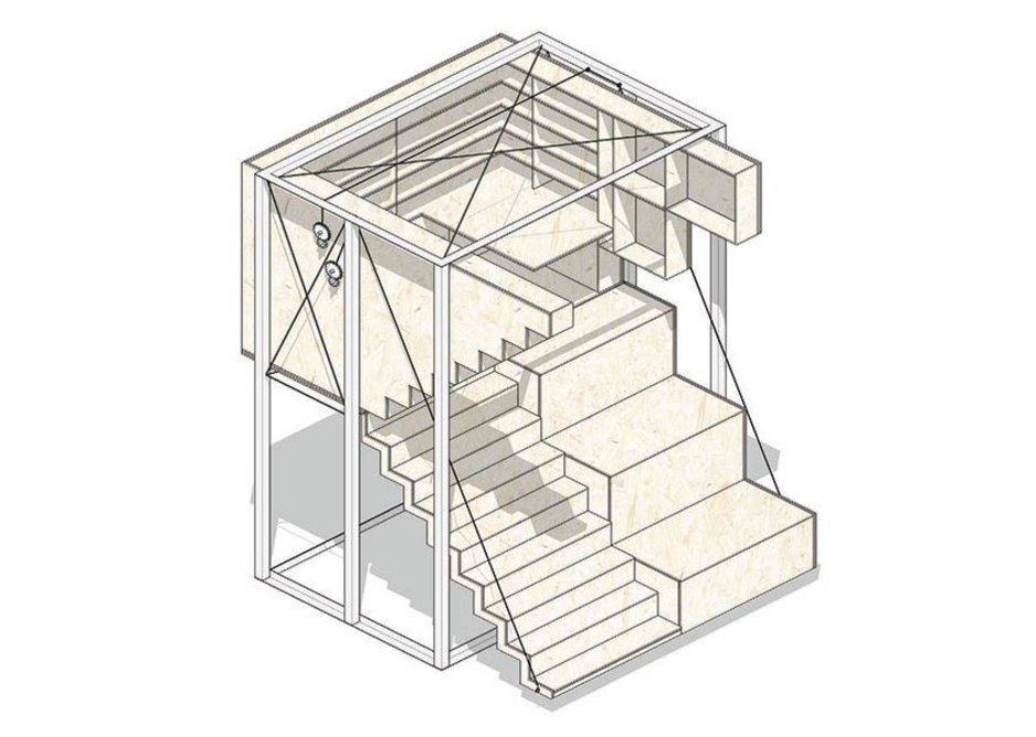 Unfolded, the retreat allows the playwright to descend from the eyrie to the peformance space at ground level.