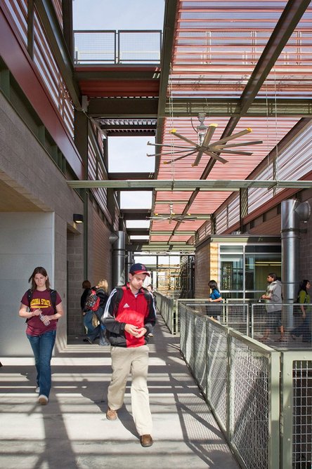 Semi-covered walkways connect new and existing buildings at ASU Polytechnic Academic Campus.