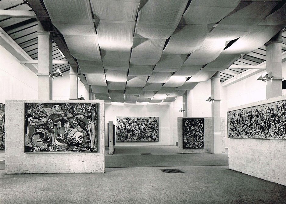 Installation view of Jackson Pollock exhibition 1958, designed by Trevor Dannatt at the Whitechapel Gallery.