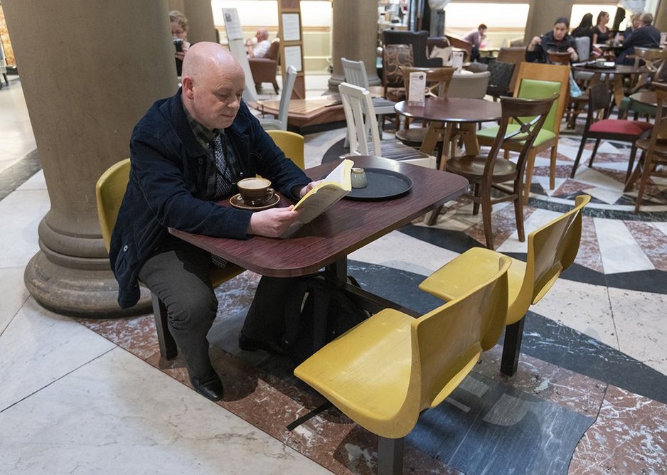 Original seating from the bus station installed at the Harris café.