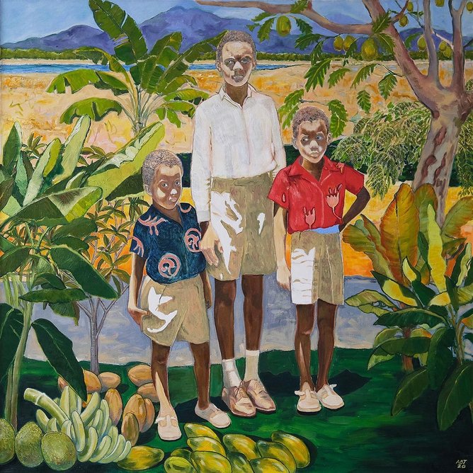 Brothers, 2020, shows the artist (left) with Franklin (centre) and Desmond (right).