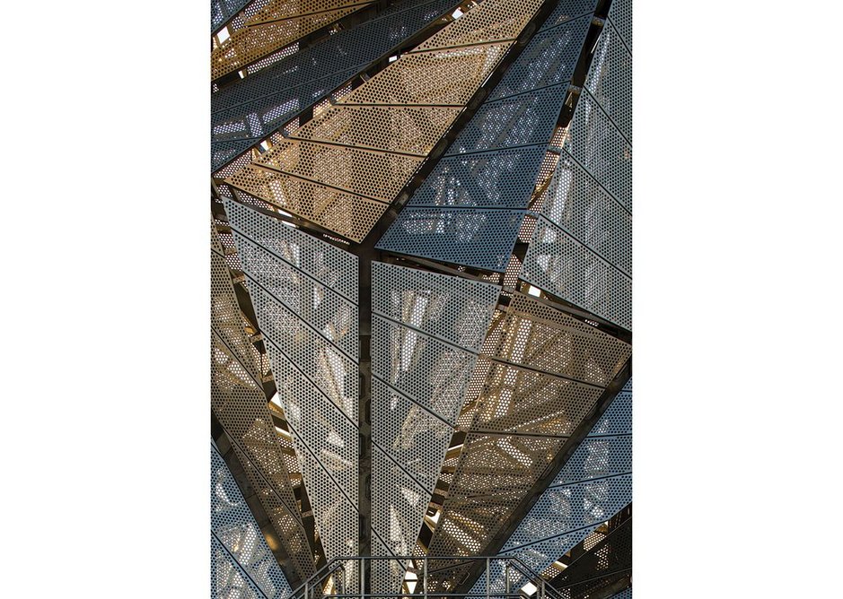 Detail of faceted cladding, supported on steel bracing, carefully planned to minimise visual intrusion into the artwork.