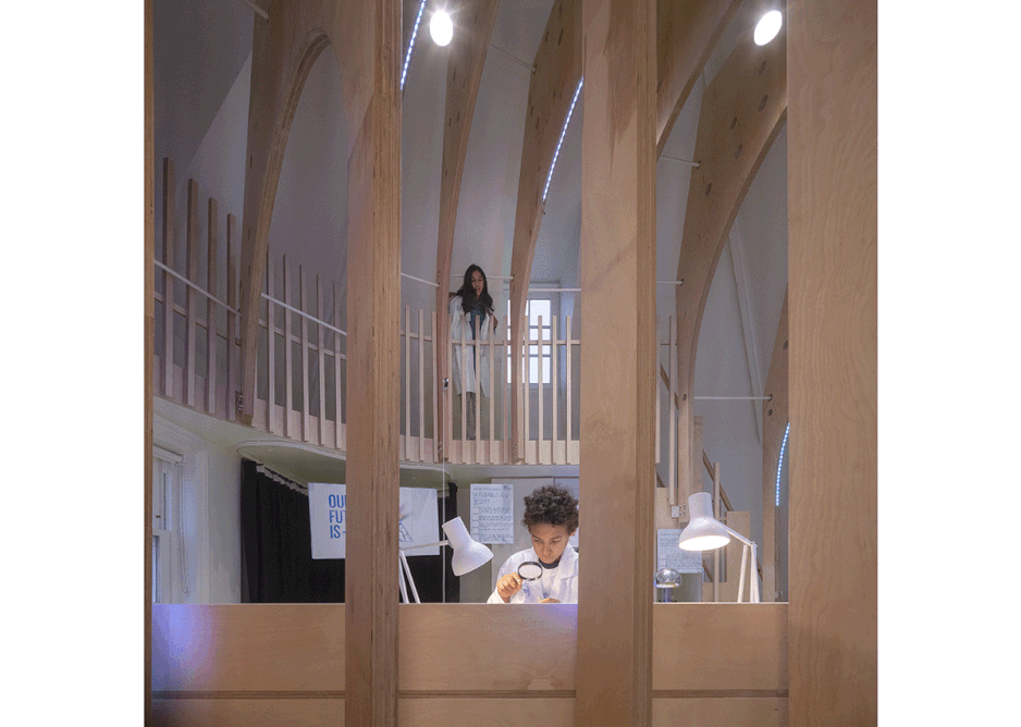 The interior plywood superstructure is a frame for science experiments.