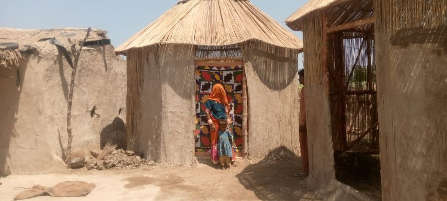 Completed shelter, with limecrete walls and matting roof.