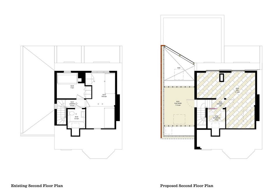 Existing and proposed second floor plans.
