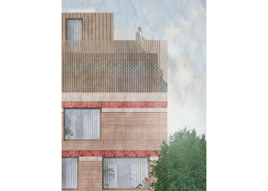 ArchitectureDoingPlace, elevation for Philpot Street, Whitechapel, 2019. Feasibility study for the UK’s first rammed-earth social housing. Decorative motif pattern contributed by Seyi Adewole.