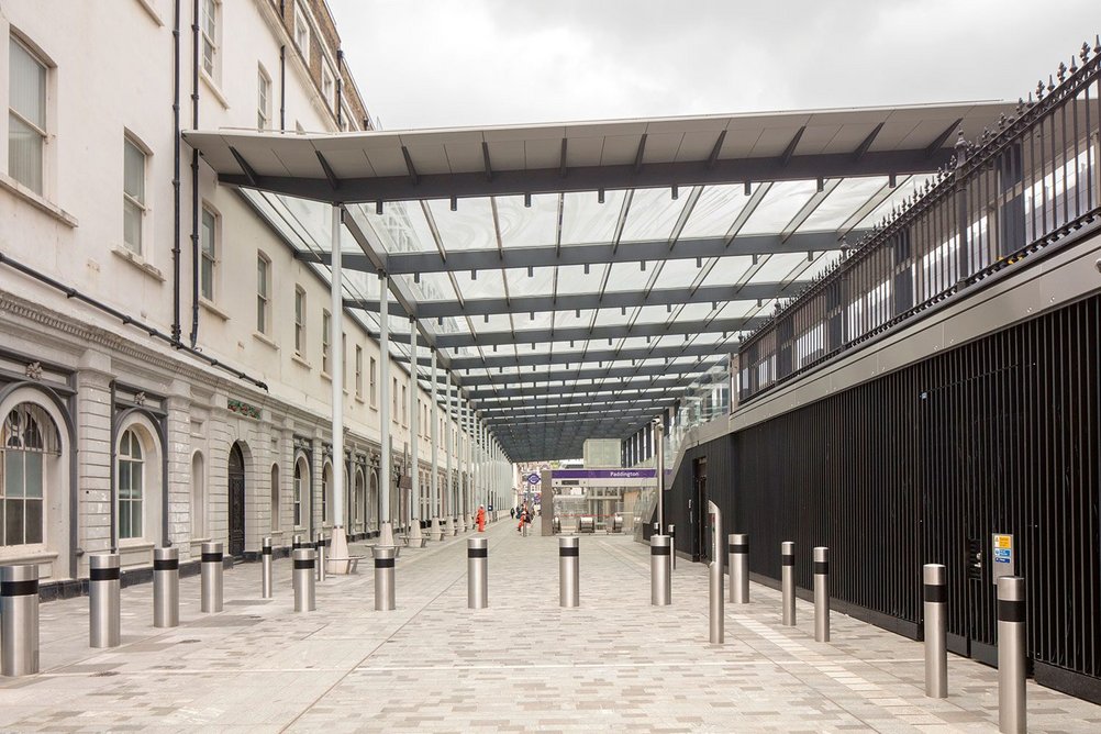 The plaza and new canopy over the Elizabeth Line entrance along Eastbourne Terrace.