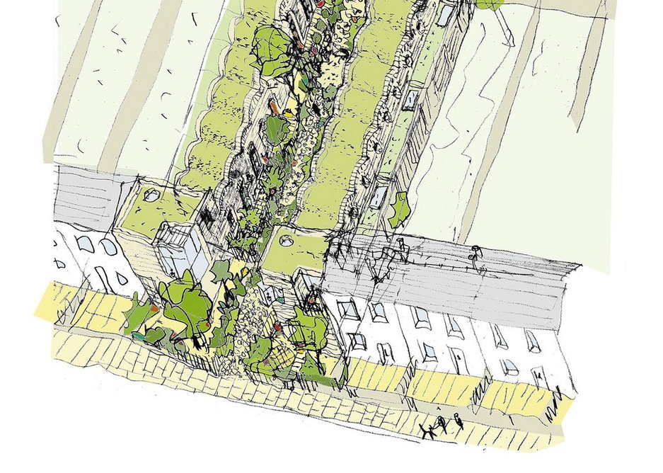 Barber aerial sketch shows relationship of terraces to the garages behind.