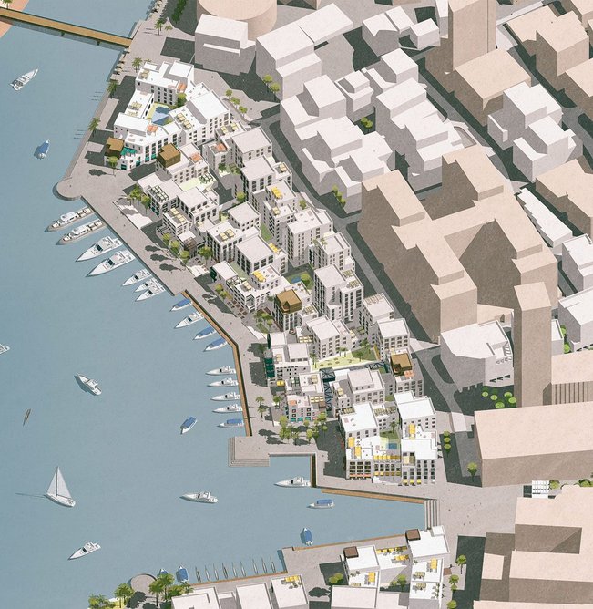 Waterfront development echoes the dense grain of the historic city.