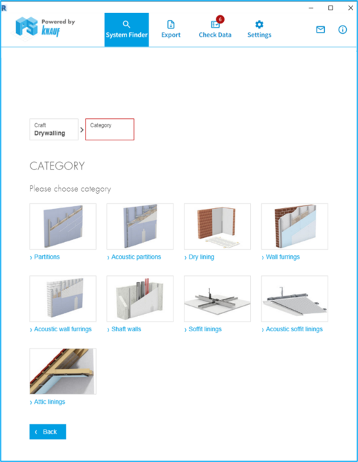 Knauf Planner Suite: searching drywalling categories.