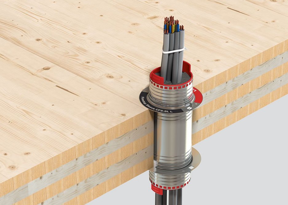 Brockett outlined various means that Hilti had employed, such as the CFS-SL sleeve and CFS-CC collar, to mitigate the potential ﬁre eﬀects on solid CLT construction.