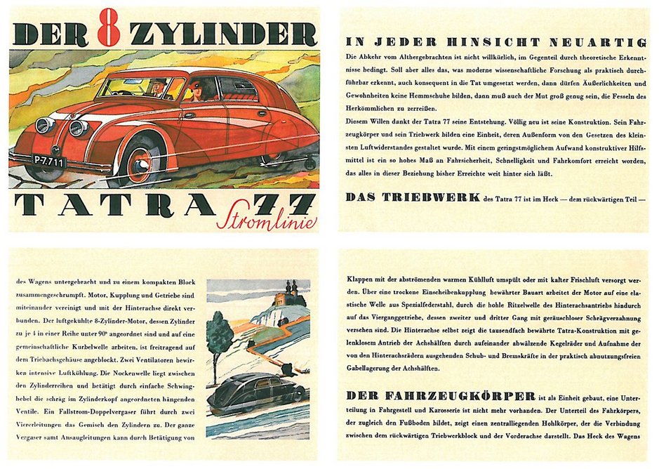 1934 brochure artwork – though watch out for that V8 rear engine on slippery bends.