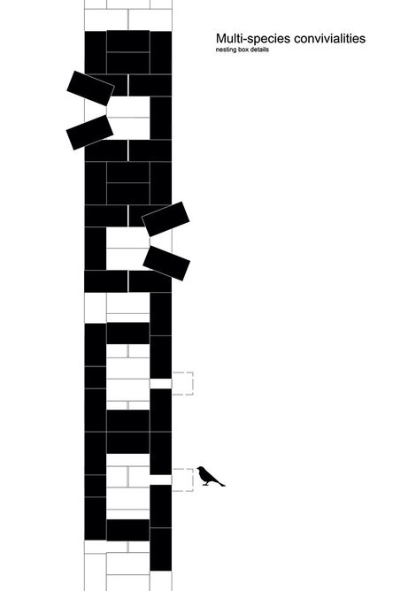 Thick walls of concrete brick incorporate nesting boxes.