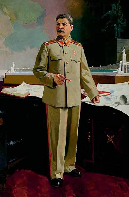 Stalin, with a model of the Moscow–Volga canal, portrayed as the great architect of socialism by Aleksandr Bubnov in 1940.
