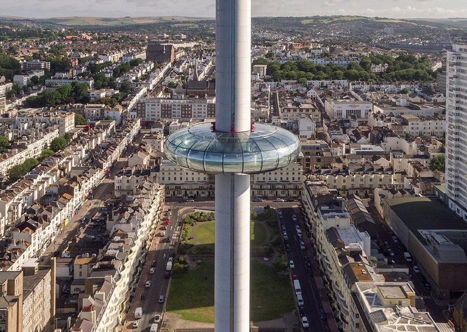 Drone image of British Airways i360 with Regency Square below.