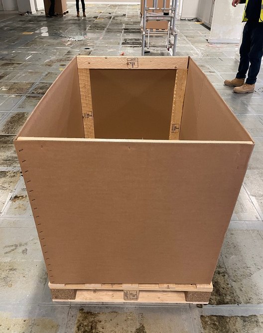 Storage crate for SAS ceiling tiles as part of the reuse process.