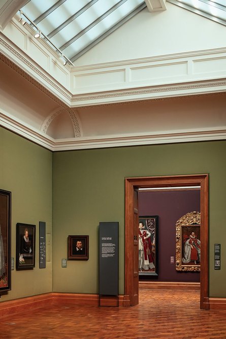 Refurbished gallery, with Gainsborough wall fabric at the National Portrait Gallery, part of the rejuvenation by Jamie Fobert Architects and Purcell.