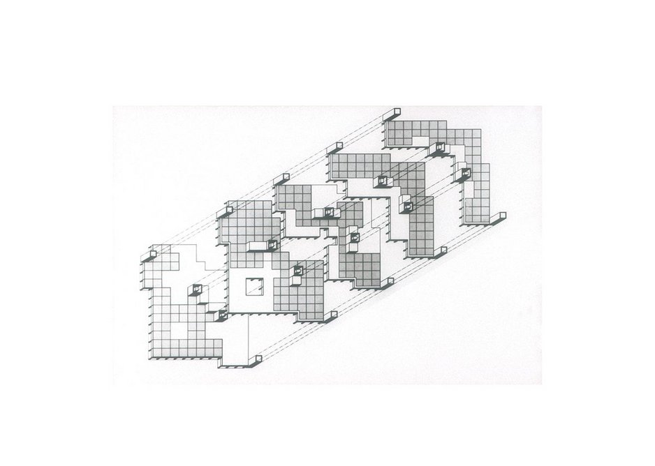 Axonometric of cascading concrete frames of Gateway House, Basingstoke.