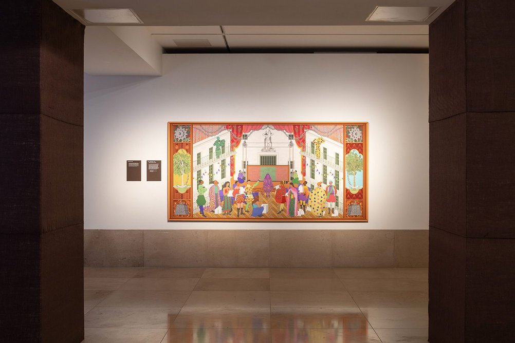 Installation shot of Raise the Roof showing Arinjoy Sen’s The Carnival of Portland Place, a response to the Jarvis Mural at the RIBA’s 66 Portland Place headquarters in London.