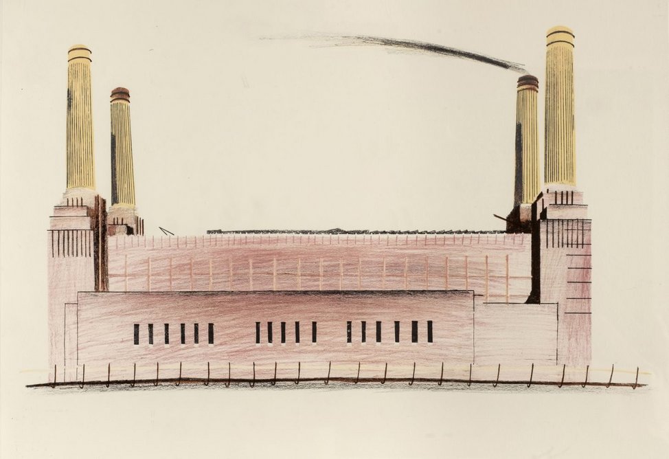Lithograph by Glynn Boyd Harte of Battersea Power Station, a landmark work of industrial architecture whose salvation was vehemently championed by Stamp and the Thirties Society,  from Temples of Power, 1979.