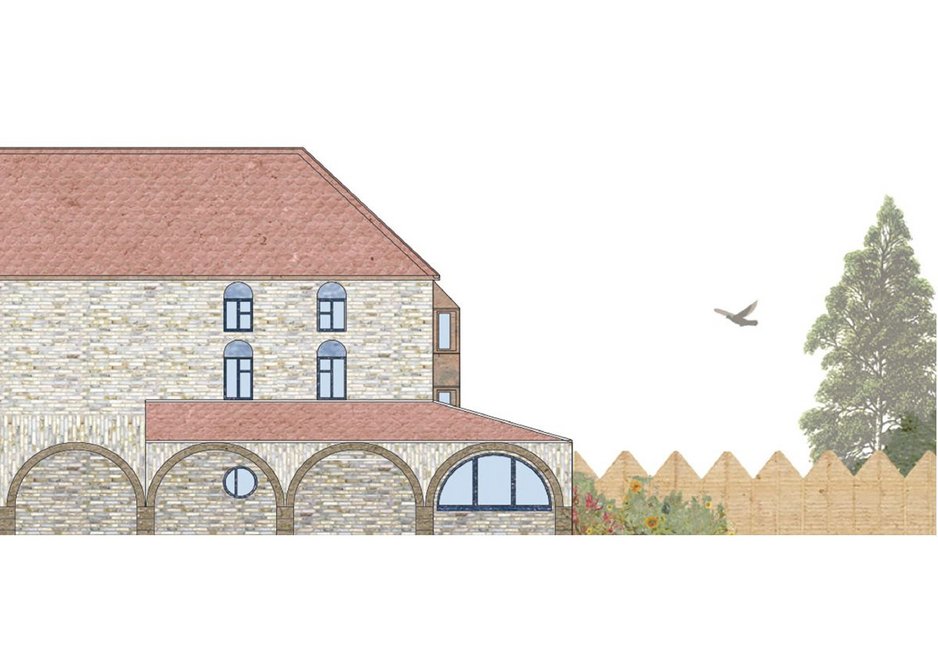 A repeatable arched base at street level is inspired by medieval buildings in French town squares.