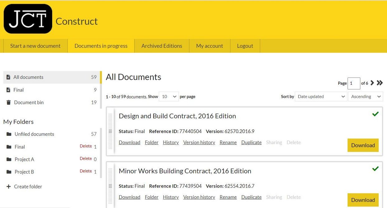 JCT Construct: Once you have started a document it will move to the Documents in Progress tab where you will find all your in-progress and finalised contracts.