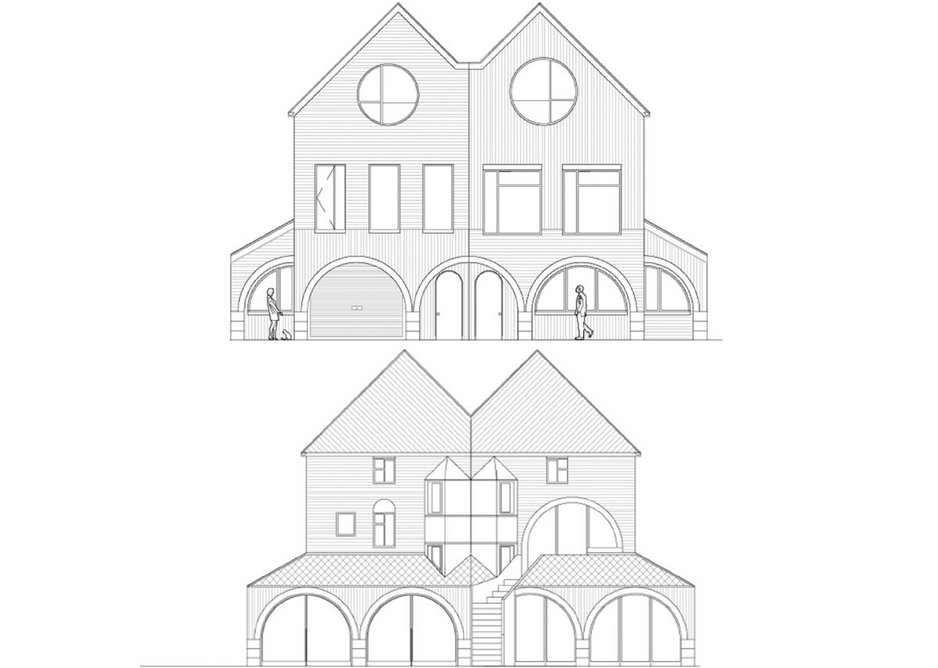 Front and rear elevations showing different fenestration options and an optional garden stair, giving separate access from storeys above the annexe.