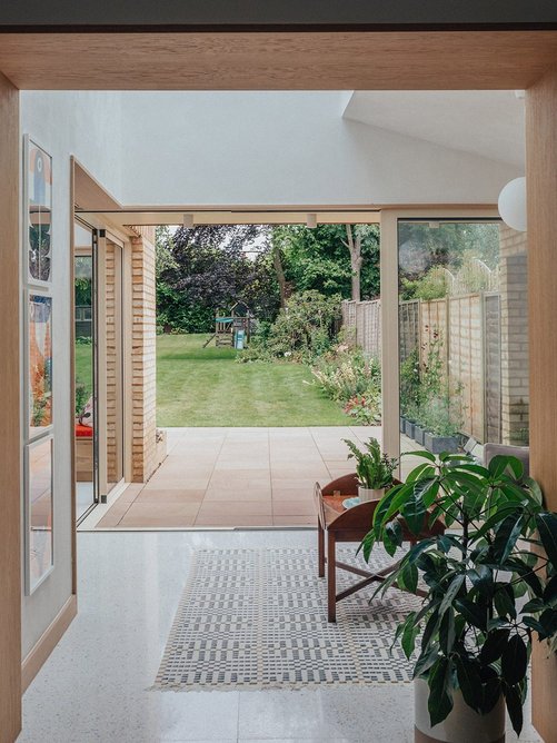 View of the sheltered patio with garden beyond.