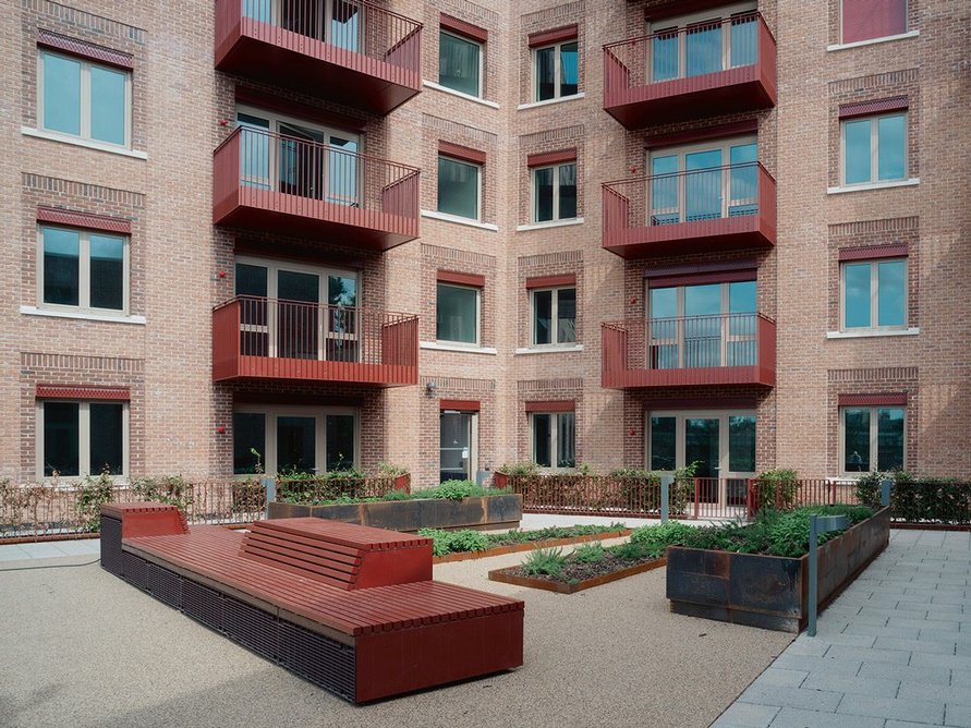 Planters, benches and a play area populate Block 1’s courtyard garden.