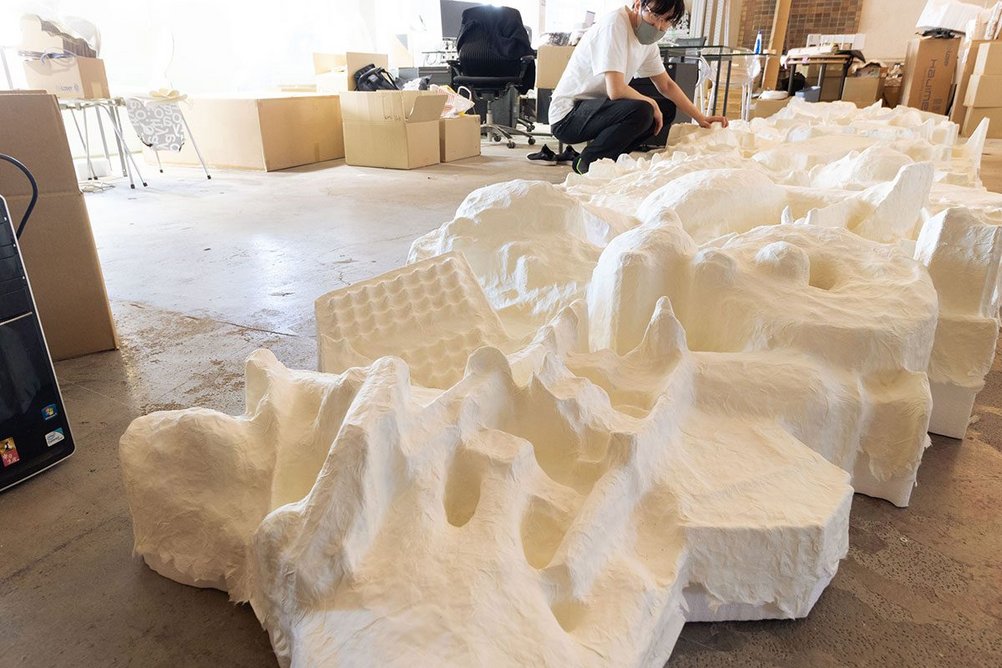 Construction of Reinventing Texture, the Japanese pavilion created by Toshiki Hirano at the London Design Biennale.