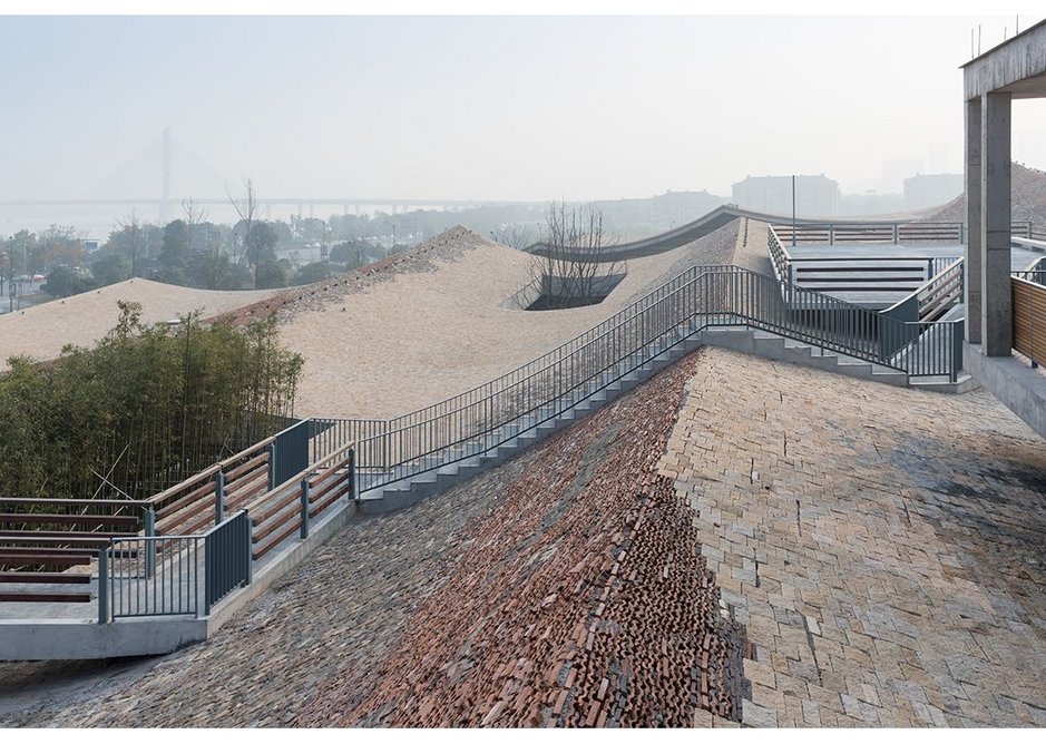 Fuyang Culture Complex, 2016 designed by Amateur Architecture Studio. Rooftop walkways link several small pavilions.