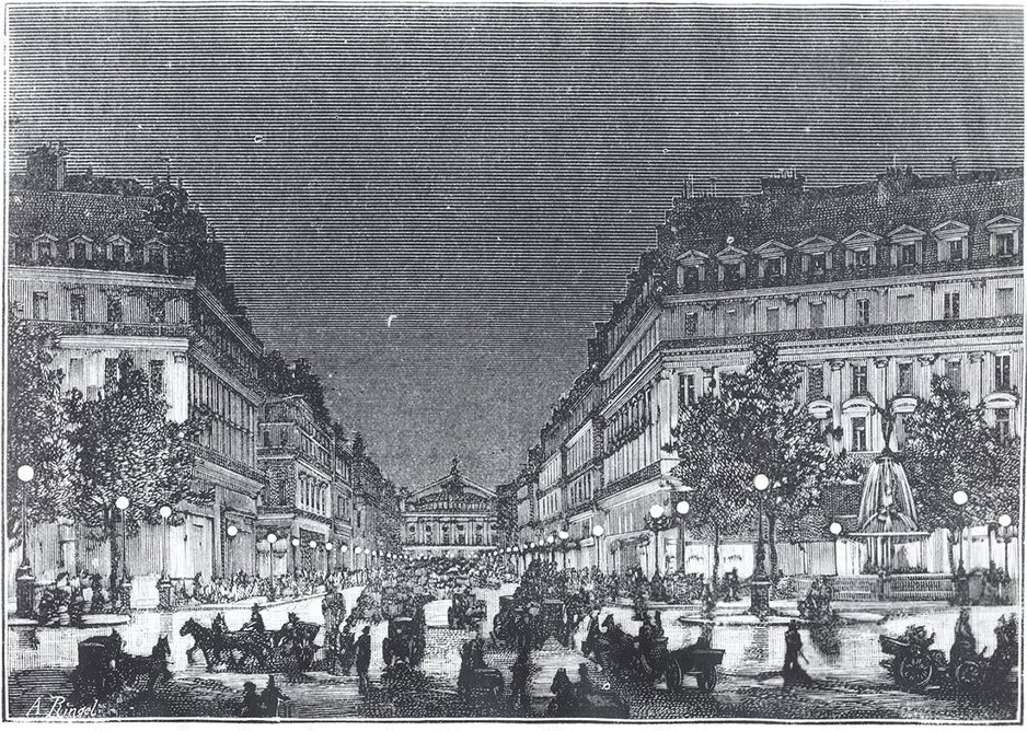 Yablochkov Candles illuminate the Boulevard De l’Opera. “L'Avenue de l'Opéra éclairée par les lampes Jablockoff,” Lumière Électrique: Revue Universelle d’Électricité, 4:38 (Aug. 10, 1881)