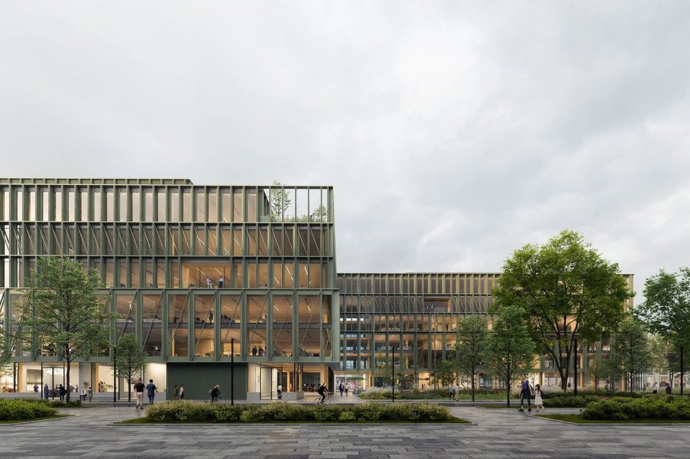 i8, iCampus in Werksviertel, Munich, Germany, C.F. Møller Architects 2020–. A modular design with hybrid timber in most parts of the construction, clad in recycled anodised aluminium.