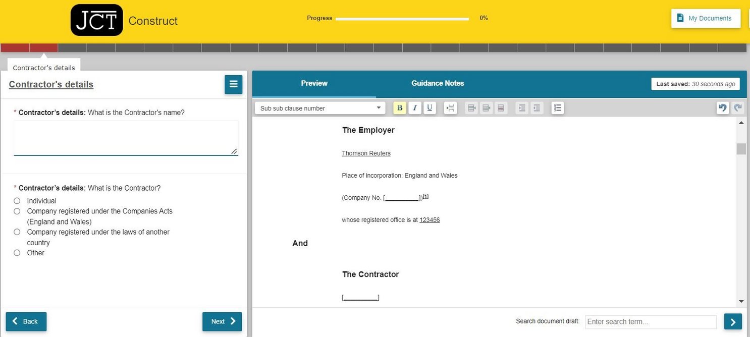 JCT Construct - Filling in your contract: the document opens with a Question and Answer screen on the left and a Preview screen on the right.