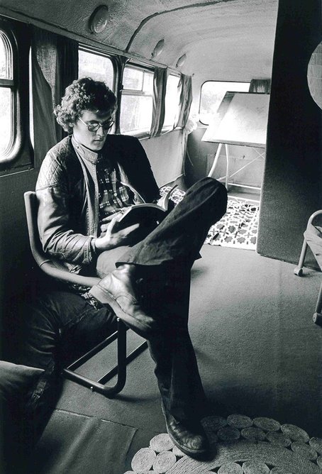 Eric Parry in 1976 in the converted London bus where he lived for several years when a student.