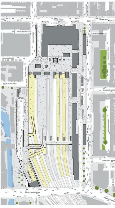 Above Plan showing masterplan of Paddington Station with new pedestrian spines either side of original concourse.