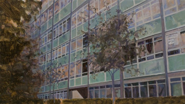 A Place to Live L6 by Trevor Burgess, 2018, from the Where We Live exhibition at Millennium Gallery, Sheffield. Created in oil on plywood, the painting is part of a series addressing notions of home and the commodification of the London property market