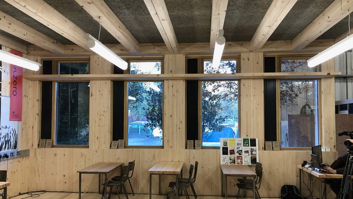 Prototype GenZero timber classroom built at a fringe event to COP26 at the Construction Scotland Innovation Centre in Glasgow. Designed by Lyall Bills & Young, the classroom has Glulam columns and beams and CLT panels. When built for permanent use, it will have a concrete-topped hybrid floor.