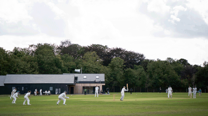 The new pavilion addresses both pitches, but the side glance from the bar here intimates the pitch-pecking order.